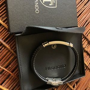 FILOBOKO Mens Black Leather Bracelet Silver Stainless Steel Adjustable Buckle